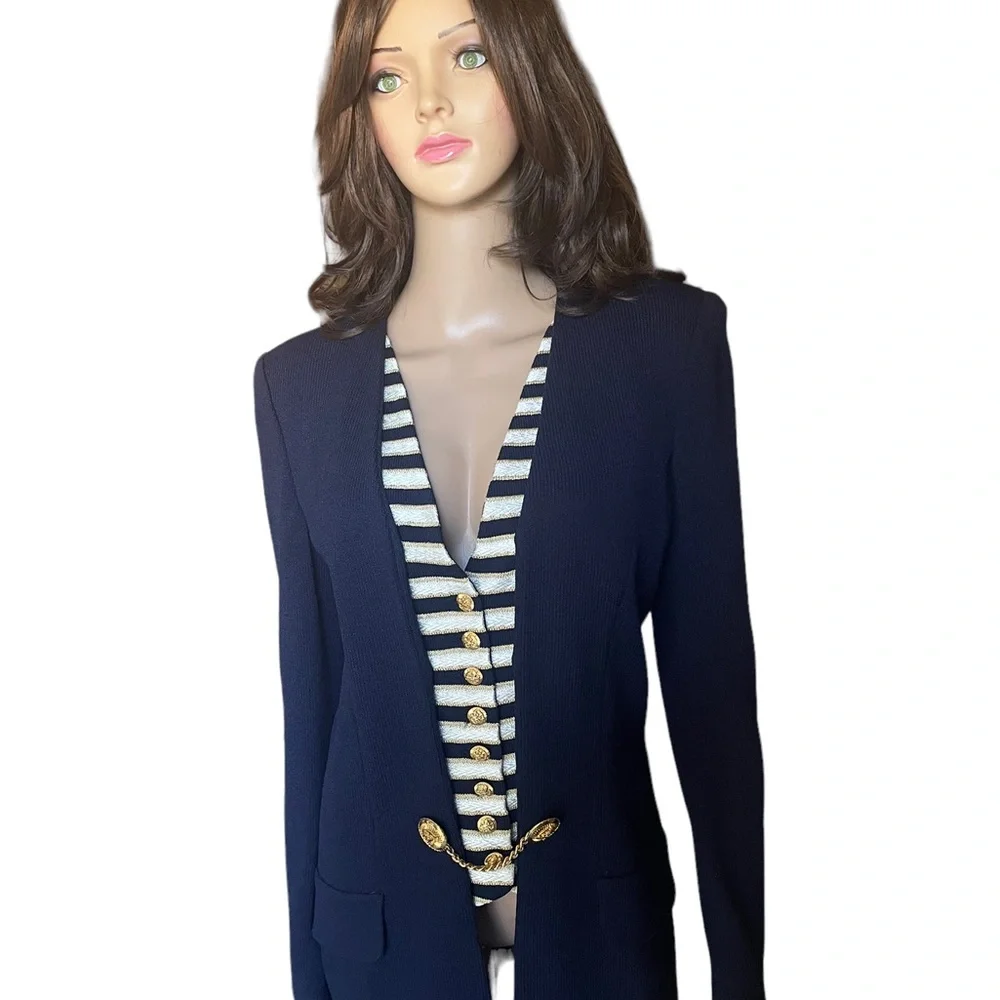 St. John collection Layered wool knit blue gold blazer/coat size 12 - Picture 13 of 16
